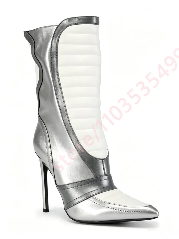Silver White Color Block Quilted Mid Calf Boots Women Wavy Trim Pointed Toe Thin Stiletto Heel Fashion Party Dress Ankle Booties