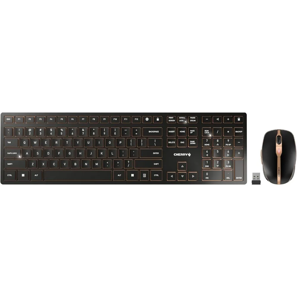 Bluetooth & 2.4 GHz Wireless Keyboard Mouse Set, Quiet Keys, Comfortable, Rechargeable, QWERTY, Black/Bronze