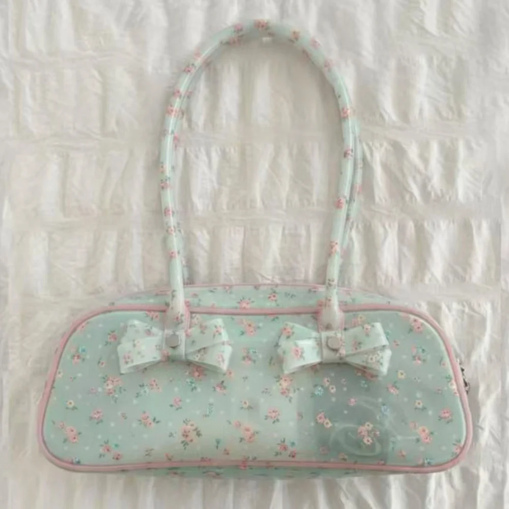 Romantic Girl Floral PVC Shoulder Storage Bag Bow Decoration Mini Boston Handbag Y2K Coquette Aesthetic Purse For Shopping Party - view 5