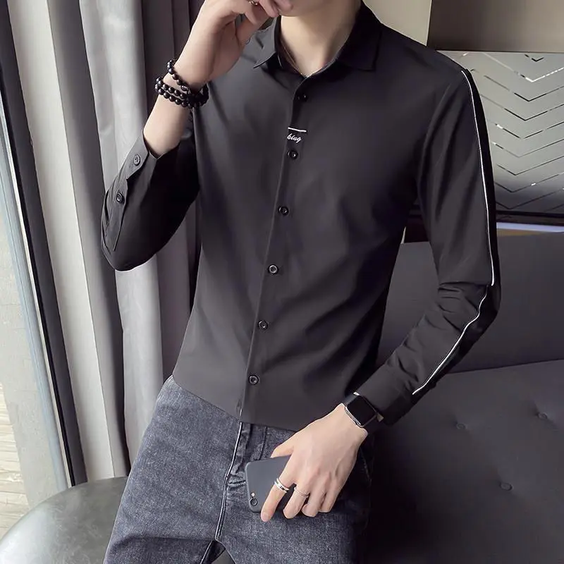 Fashion Lapel Solid Color Button Korean Embroidery Shirt Men\'s Clothing 2022 Autumn New Oversized Casual Tops All-match Shirts