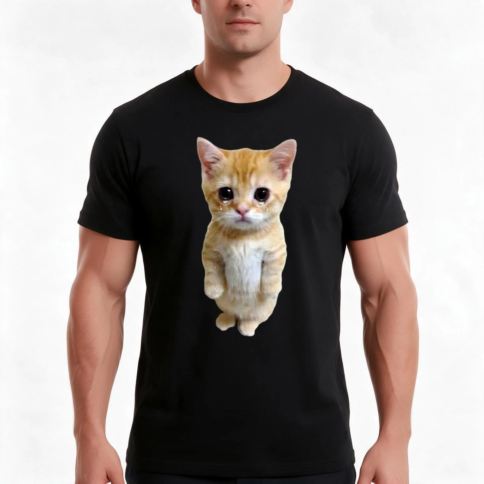 HQ Sad Crying Cat Standing Up Meme T-Shirt Summer Casual Cotton Tee Oversized Streetwear Tops Vintage Graphic Print