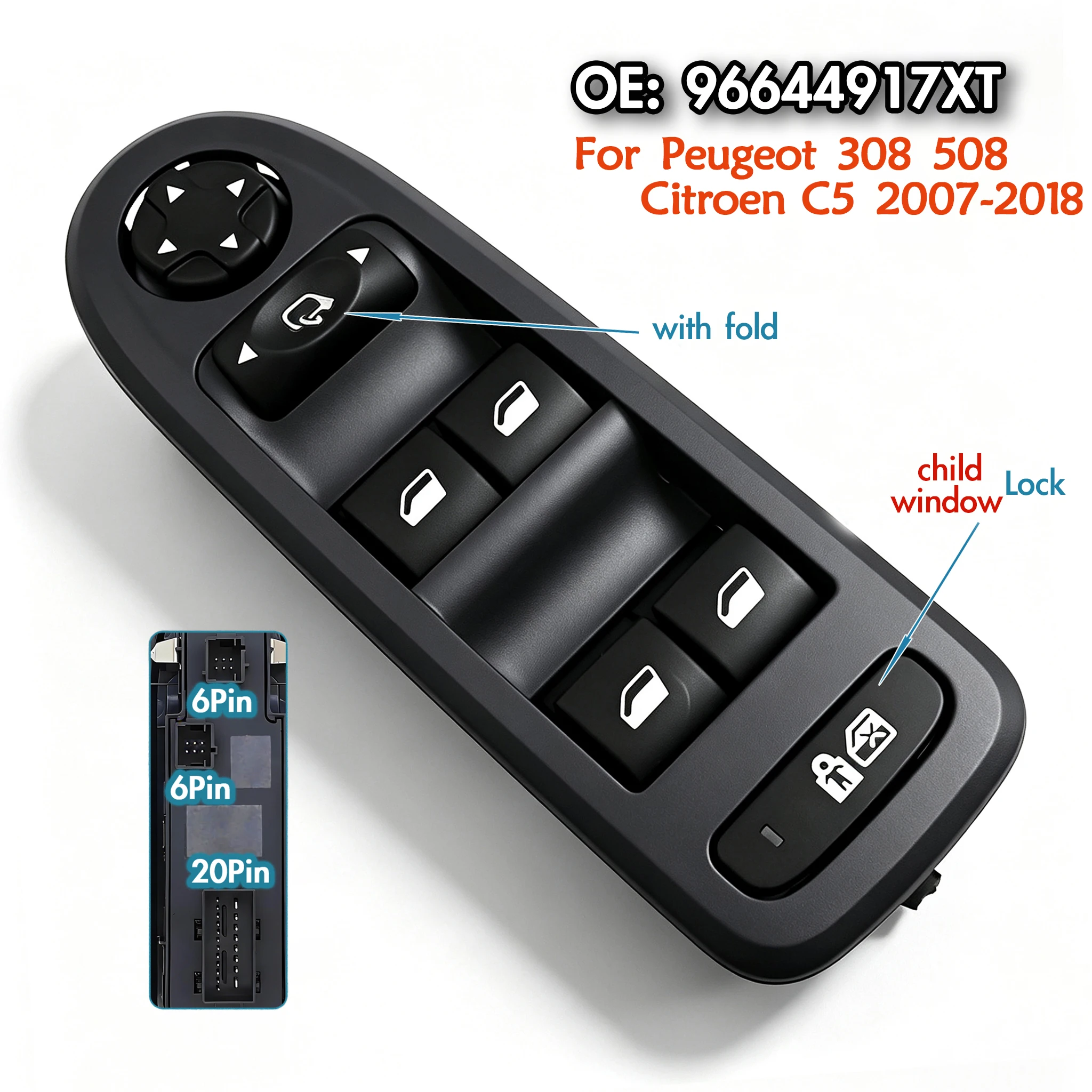 96644917XT For Peugeot 308 508 Citroen C5 2007-2018,Driver Side Electric Power Lifter Window Control Switch Glass Lifter Button