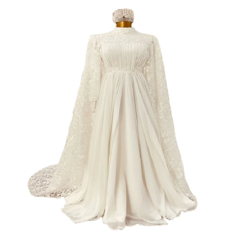 

Dubai Style Muslim Wedding Dress With Lace Cape Elegant Turkish Modest Islamic Bride Dess Long Sleeve Bohemian Bridal Customized