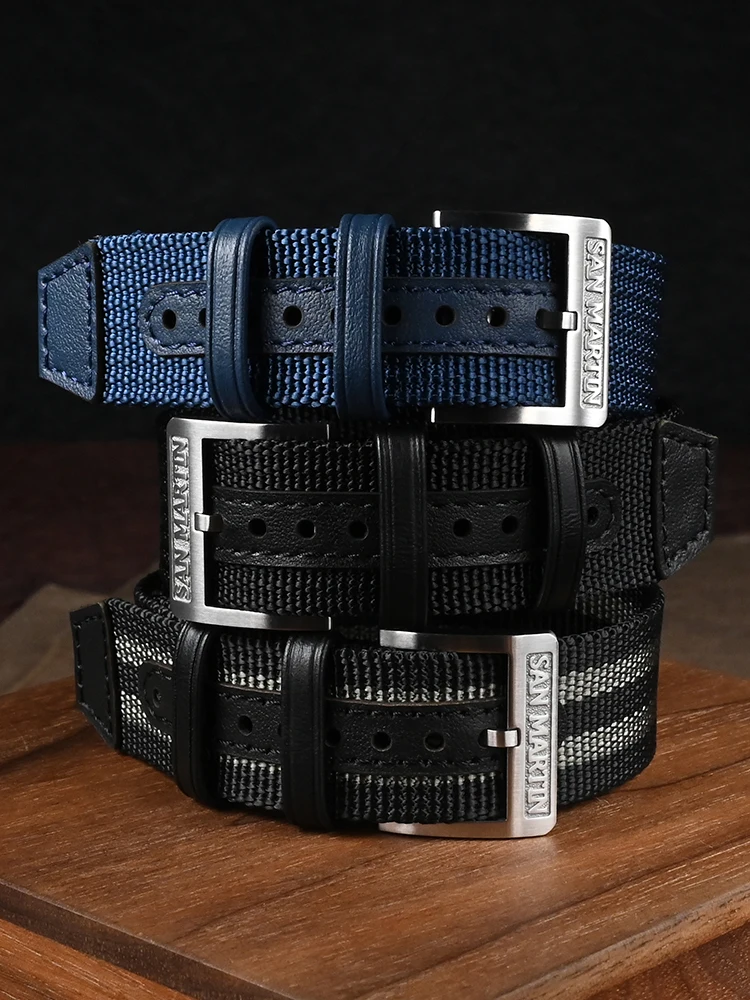 San Martin 20mm High Density Premium Nylon Watchband For Watch With Lug Width Solid Steel Pin Buckle Retro Leather Loops SN0105 - Image 4