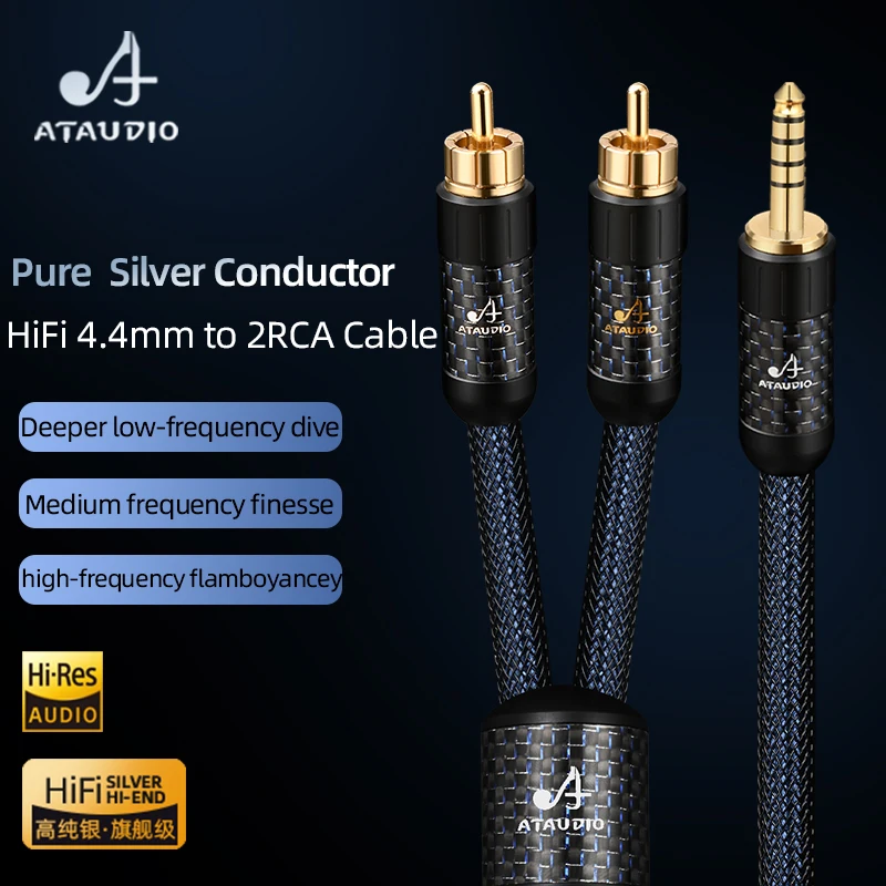 Hi-end Pure Silver HiFi 4.4mm to 2RCA Audio Cable for MP3 CD Carbon Fiber Gold-plated Balanced 4.4mm Jack to 2RCA Male Cable