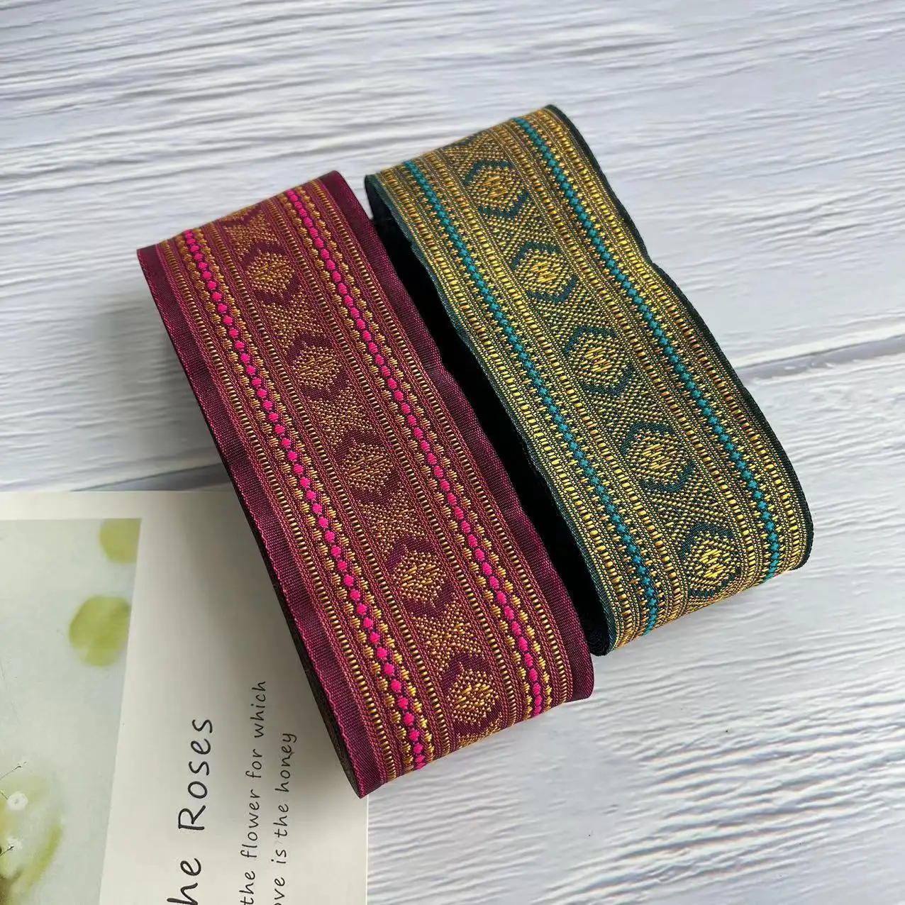 Wide 5 cm 10 Yards/lot Polyester Woven Jacquard Ribbon Pink and blue background Geometric pattern for clothing accessory YS-2136