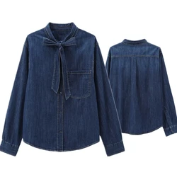 Maxdutti Autumn Long Sleeve Blouse Women Minimalist Denim Shirt Fashionable Elegant Bow Tie Commuting Casual Shirt Ladies