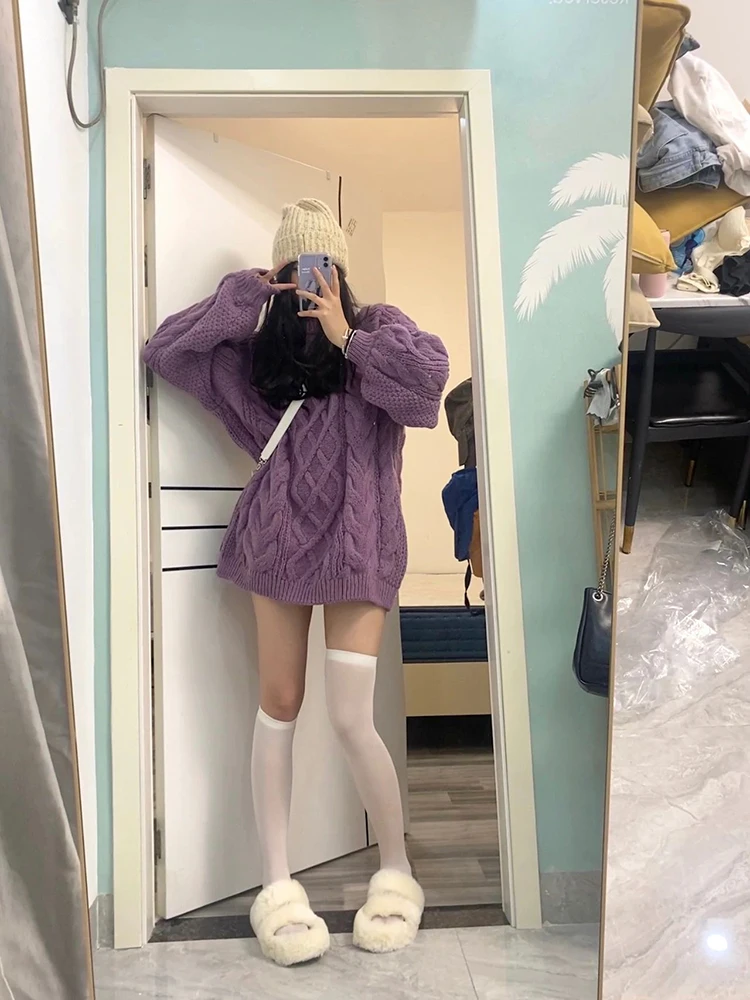 

Женский фиолетовый вязаный кардиган-пальто, повседневный, с круглым вырезом, средней длины, верхняя одежда, весна 2026, новинка, свободный крой, рукава-фонарики