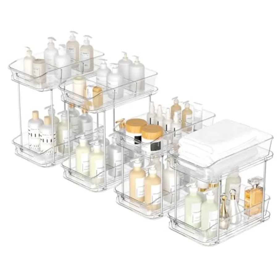 

2 Tier Pull-Out Storage Organizer for Bathroom and Kitchen, Under Sink Organizer with Dividers, Ideal for Organizing Cupboard,