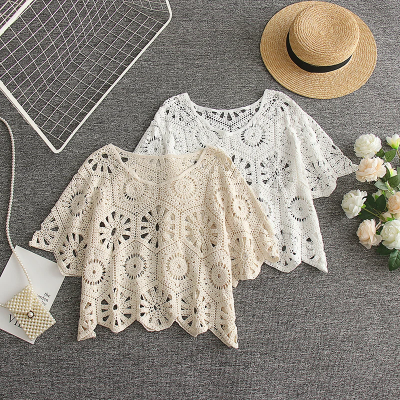 Summer Short sleeved Knitted Shirt Women Hollow out Sheer Blouse Vintage Crochet Crop Tops