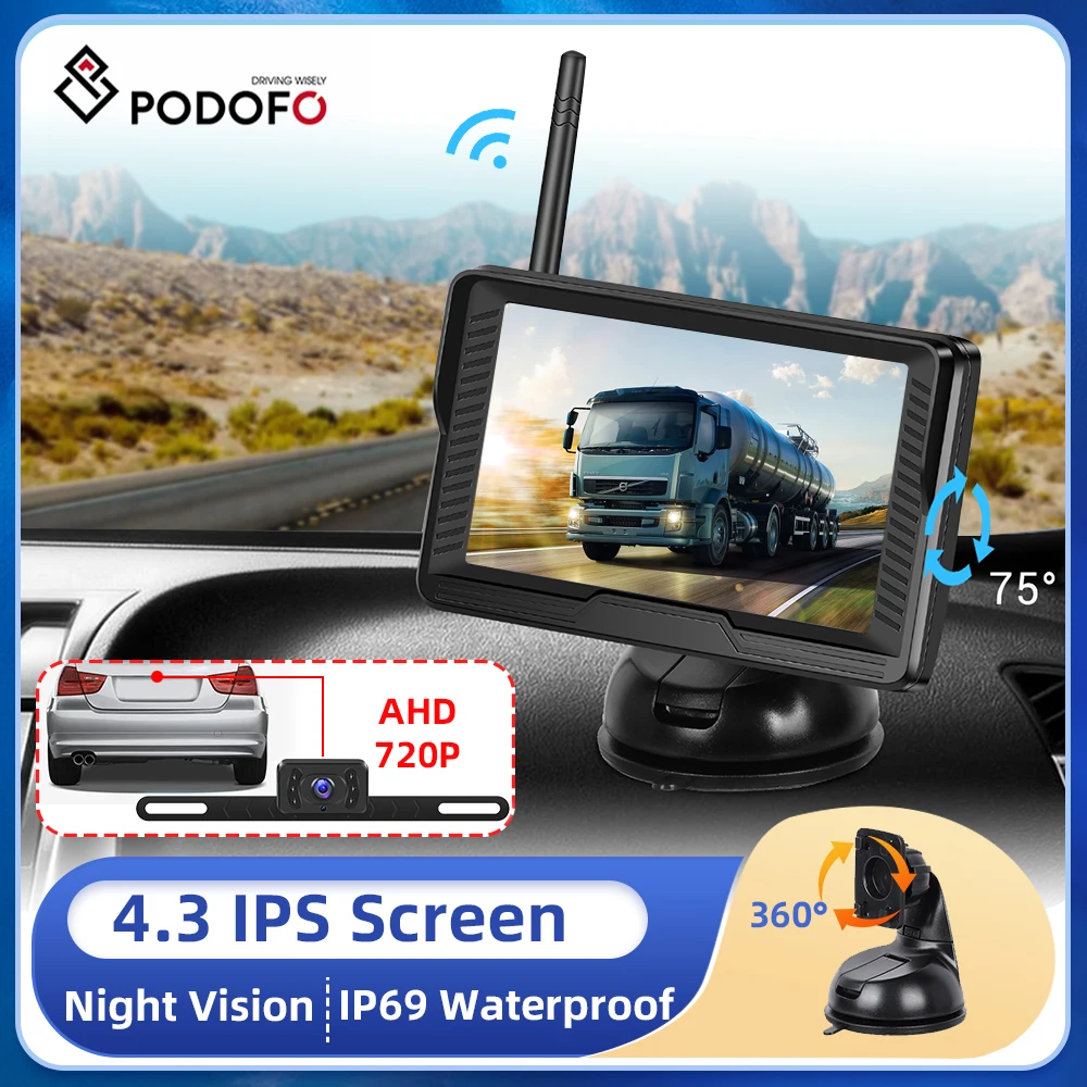

Podofo 4,3 дюймовый экран IPS беспроводная камера заднего вида с защитой от помех большой дальности Водонепроницаемая инфракрасная камера ночного видения монитор