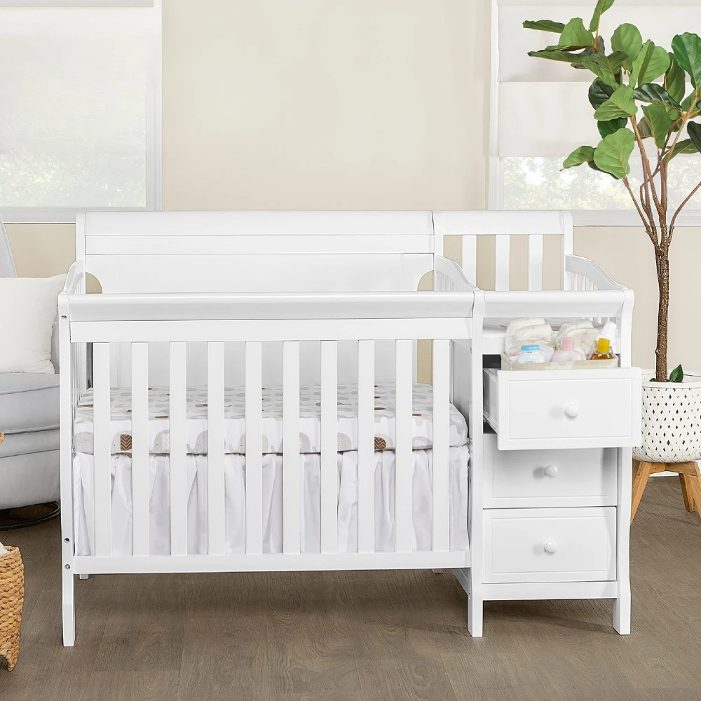 2023 New 4-in-1 Mini Convertible Crib and Changer in White,Non-Toxic Finish, New Zealand Pinewood