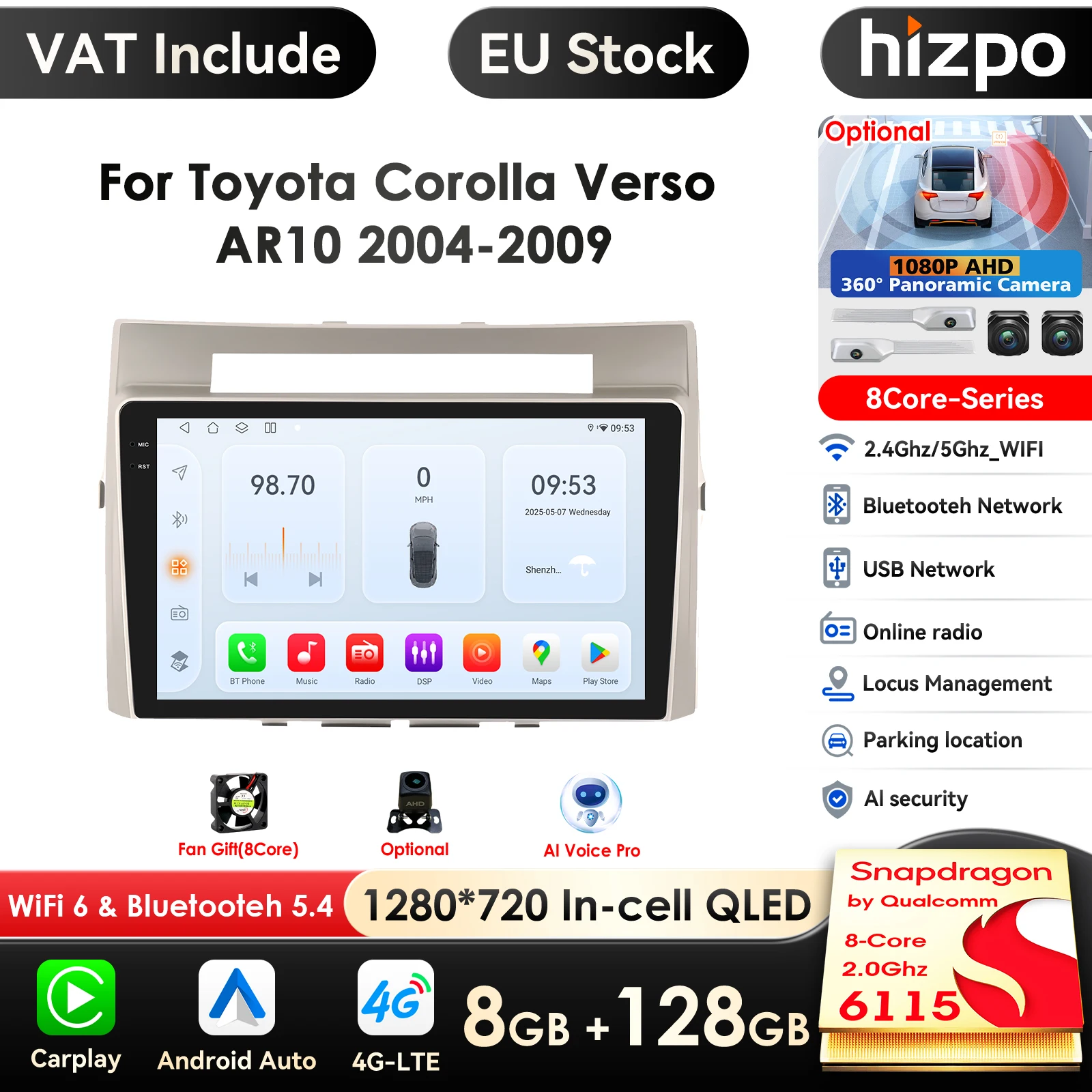 Carplay 4G-LTE 9 "Autoradio Android 14 für Toyota Corolla Verso AR10 2004-2009 Multimedia Player Navigation GPS 2 Din Stereo DSP
