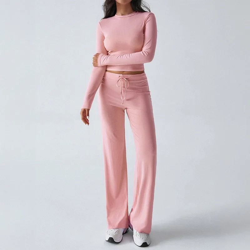 

Comfortable Exercise Yoga Long Sleeve T-shirt Solid Color Trousers Suit