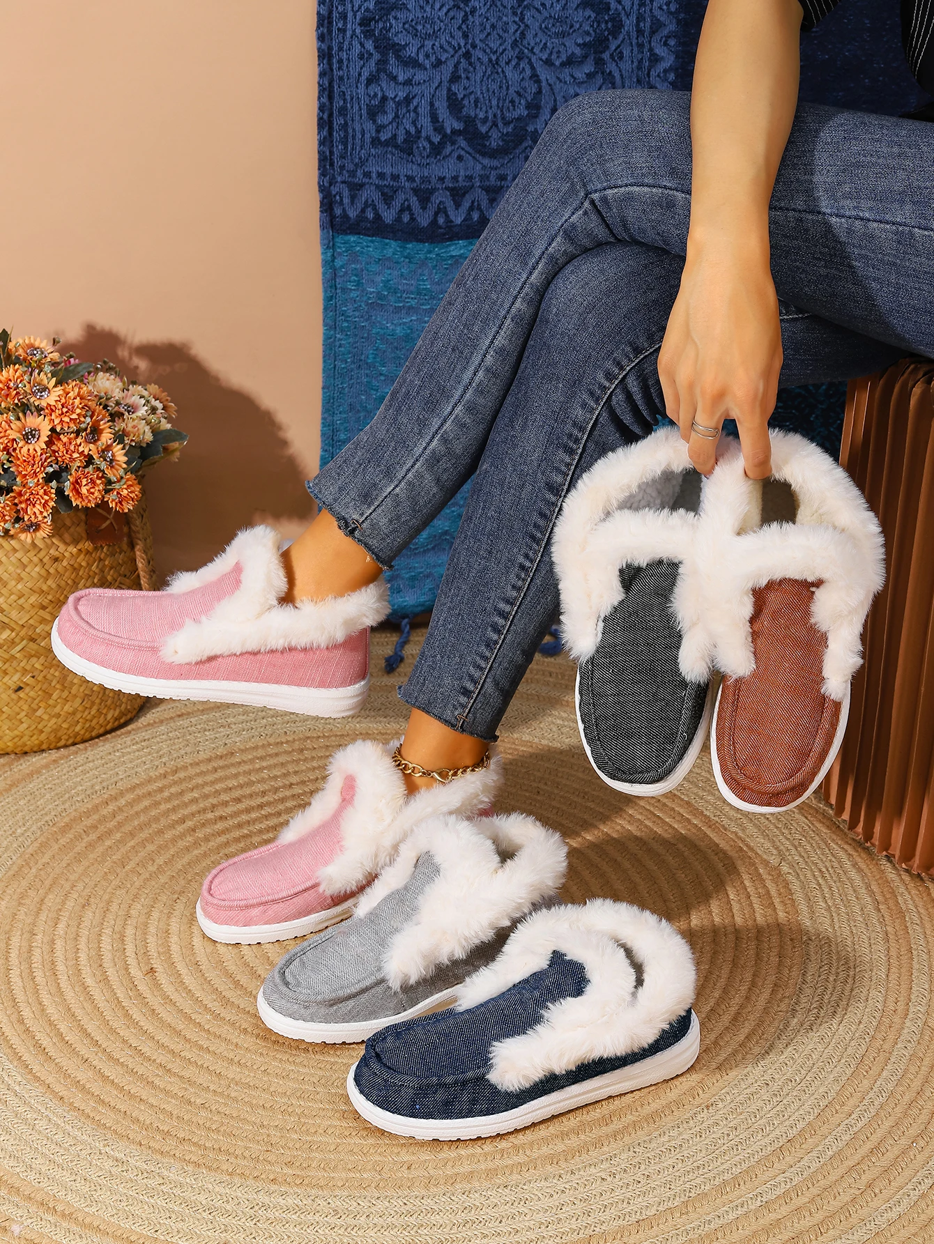 Women Winter Furry Collar Slip On Ankle Boots, Warm Plush Lining Canvas Casual Flat Shoes, Non-slip Lightweight Daily Walking Shoes
