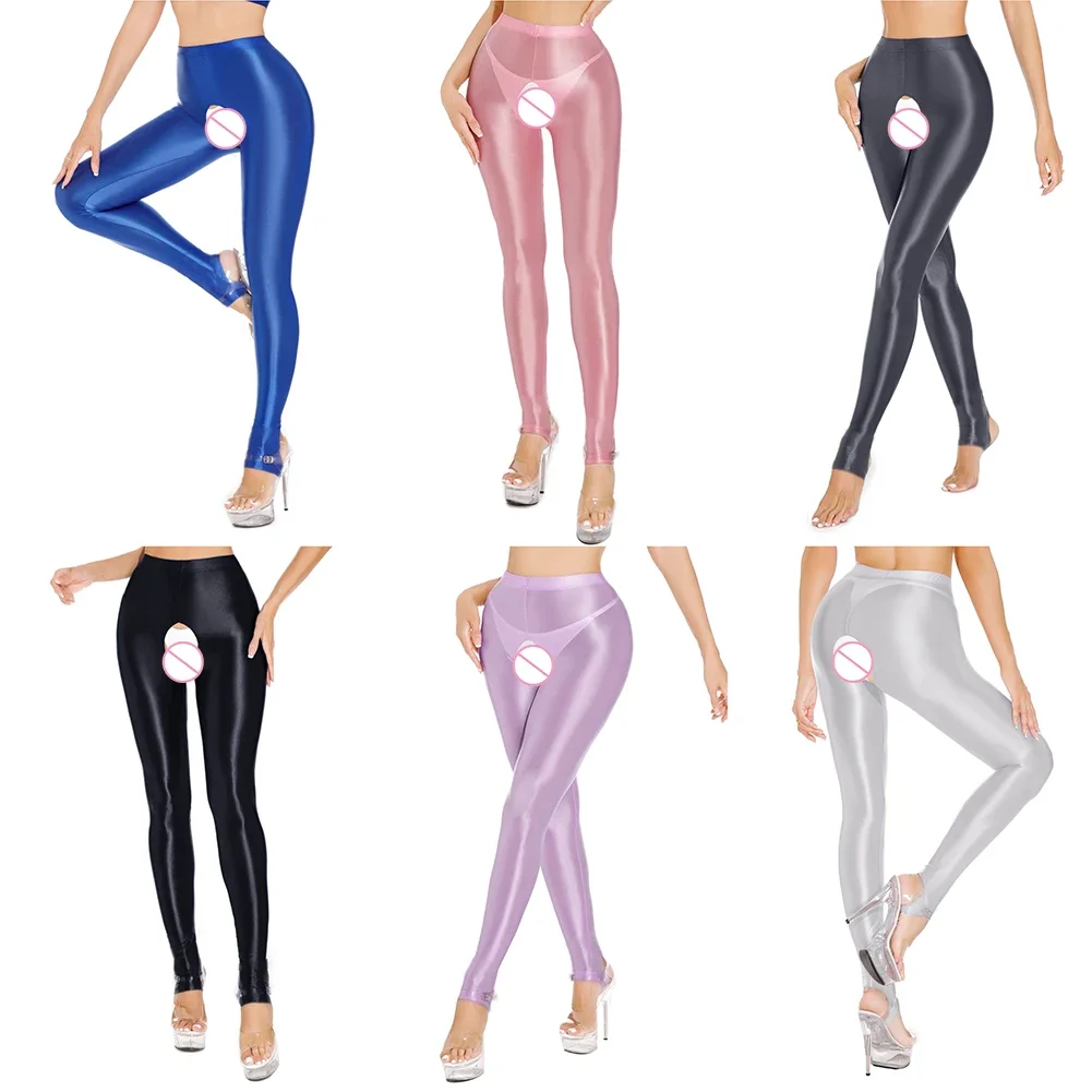 Женские шелковистые глянцевые яркие леггинсы большого размера с открытой промежностью, колготки без снять, сексуальные колготки с высокой талией