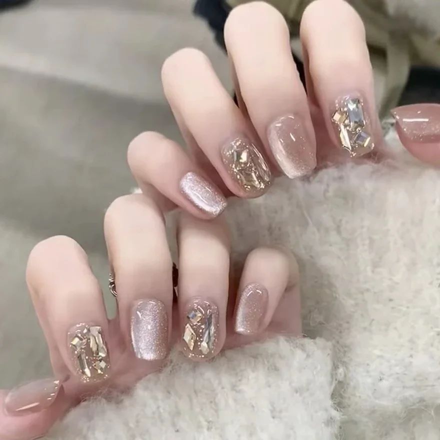 Brillo en polvo, perla de diamantes de imitación, cristal japonés coreano, uñas postizas cuadradas cortas, arte, abalorio para uñas postizas, punta, prensa en uñas, manicura