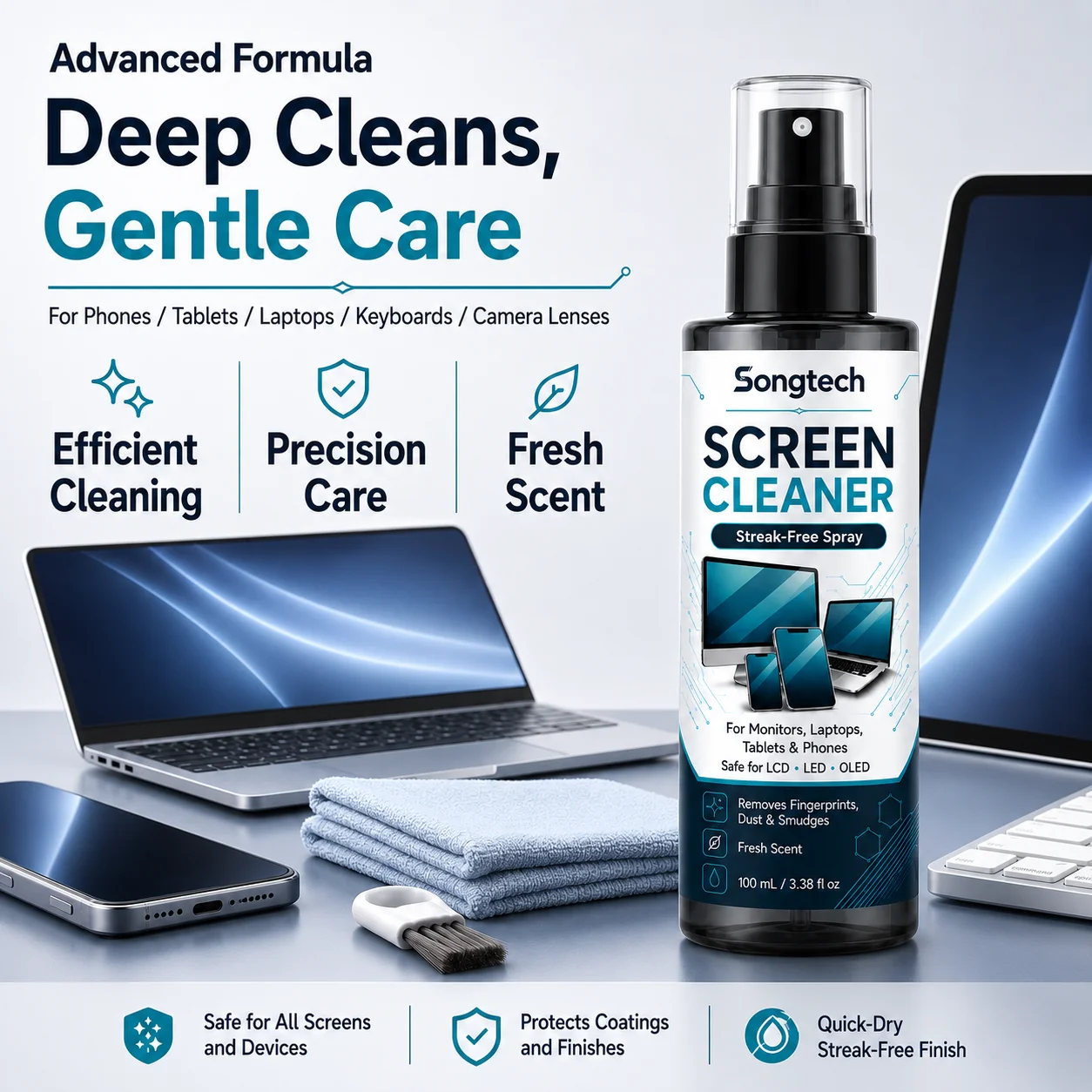 100ML Microfiber Screen Cleaner Spray Streak-Free Electronics Cleaner for Laptop Phone TV Monitor Tablet Camera Lens Keyboard