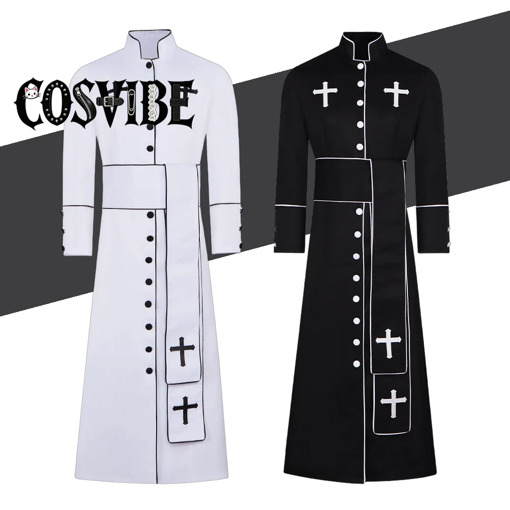 Disfraz de Sacerdote Medieval 2025 para Mujer, Túnica Negra de Pastor, Vestimenta de Clérigo, Sotana Romana con Cinturón, Traje de Halloween