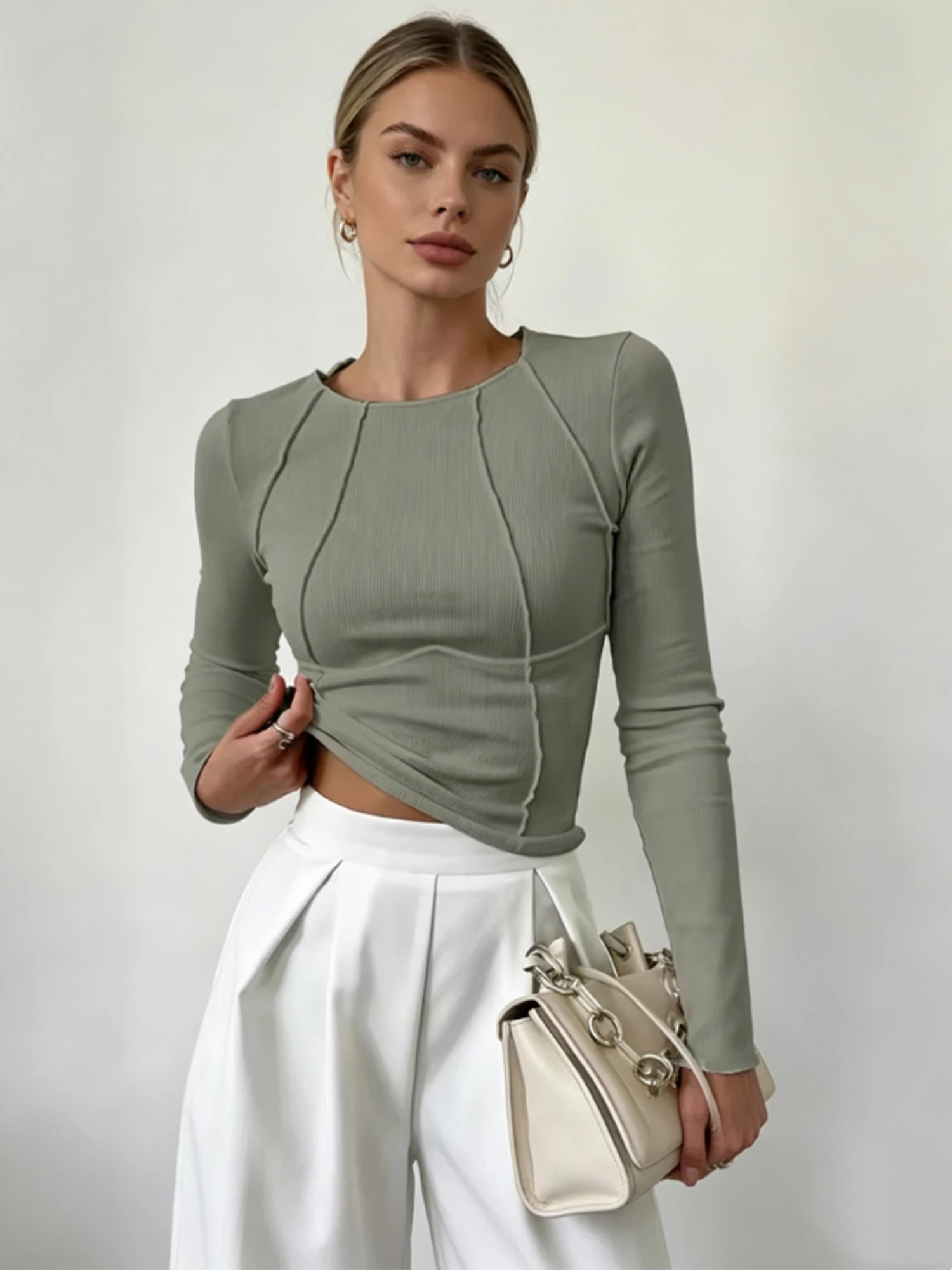 Women Grey T-Shirt O-Neck Long Sleeve T-Shirt Top Y2K Gyaru Vintage Slim Fit T-Shirt Korean style Vintage Elegant Tee Top Summer