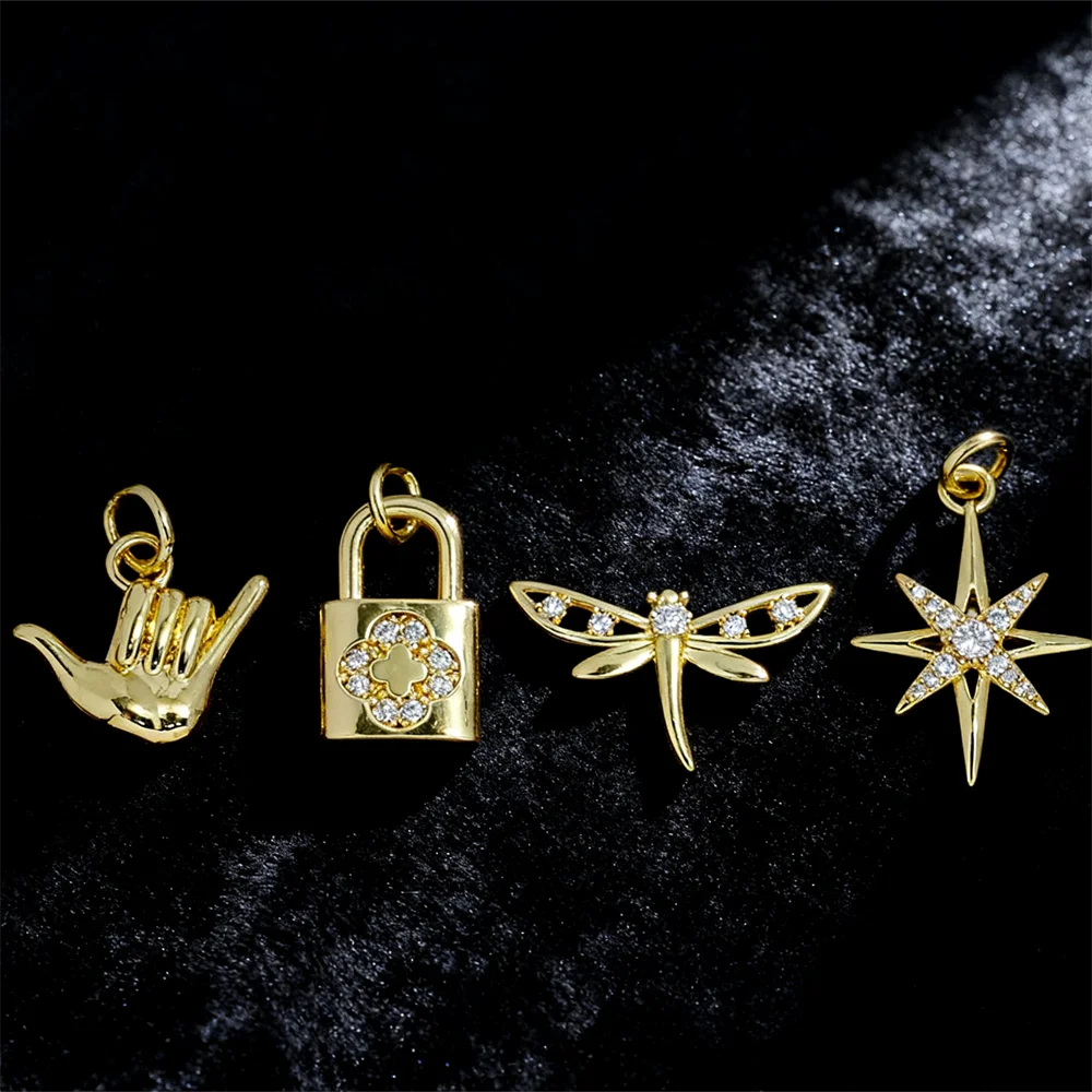 

3Pcs Sparkling Pendants Brass Cubic Zirconia Trendy Star Hand Lock Dragonfly Charms for DIY Jewelry Necklace Making Accessories