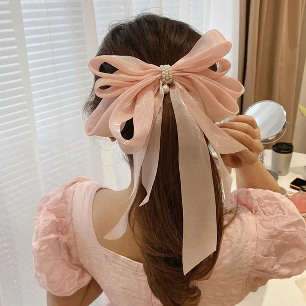 

2Pcs Elegant Pearls Hair Bow Clip Large Back Hair Bow Barrettes for Women Party Birthday Ceremony Everyday Styling