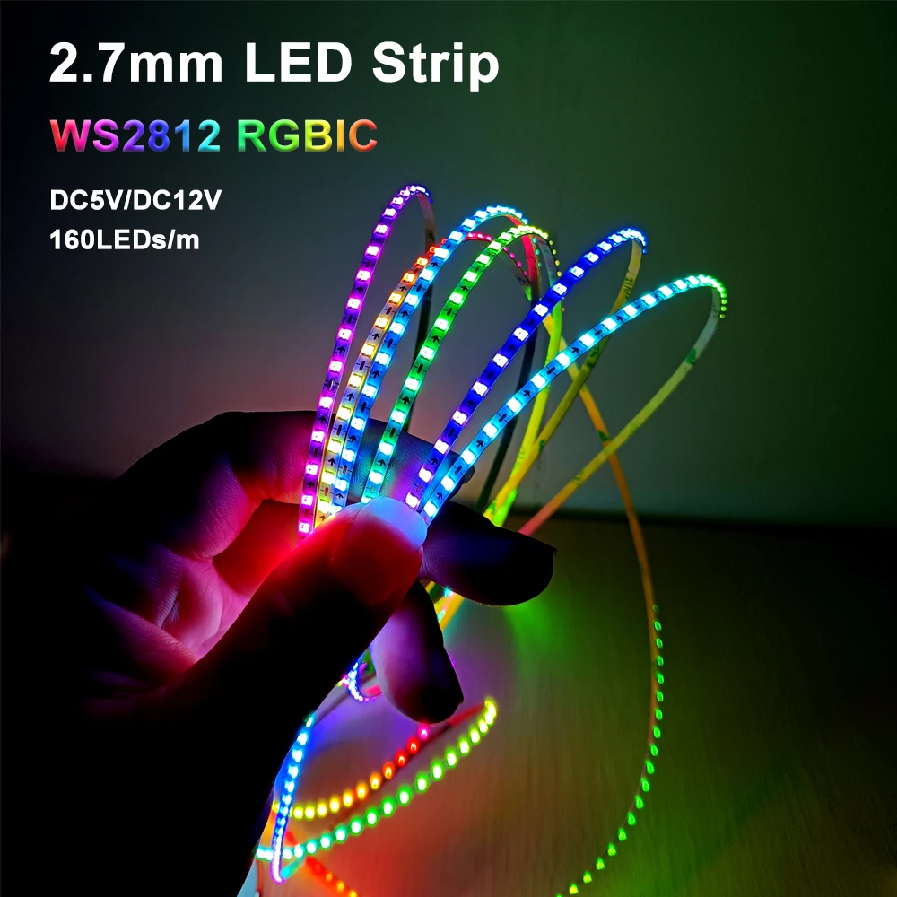 2.7mm WS2812B LED Strip Ultra Narrow 160Leds/M Individually Addressable RGBIC Dreamcolor Light Strip DC5V DC12V 1m 5m