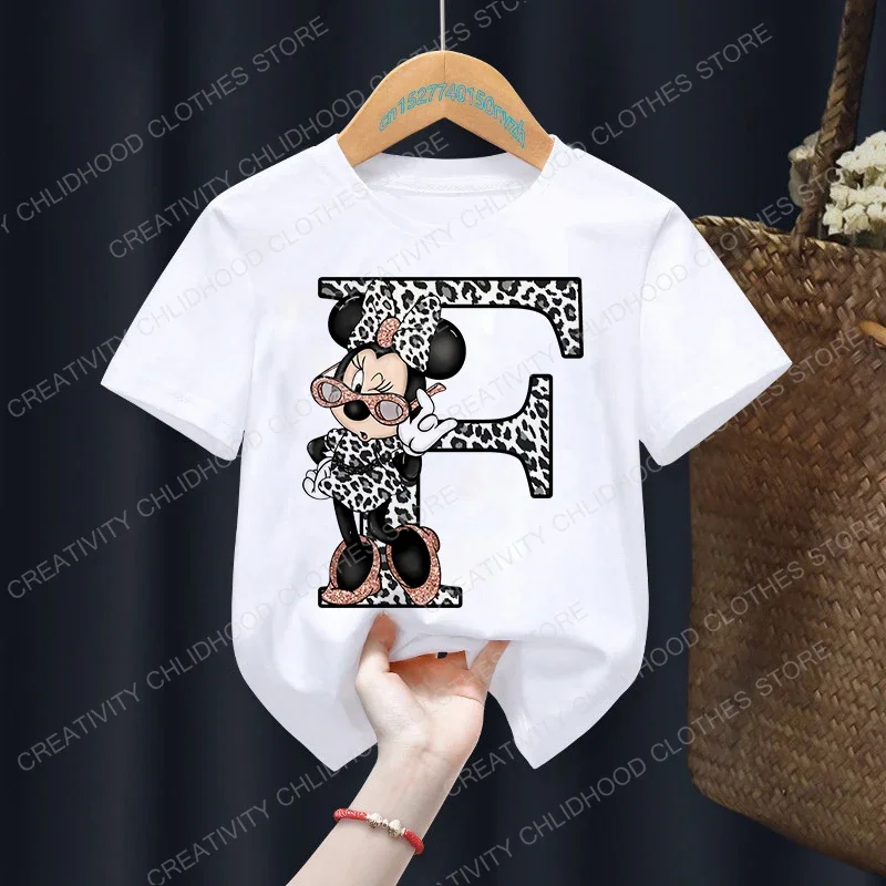 

Minnie Letter A B C D Children T-shirt Kawaii Disney Clothes for Girls T Shirt Anime Cartoons Casual Kid Boy Short Sleeve Tops