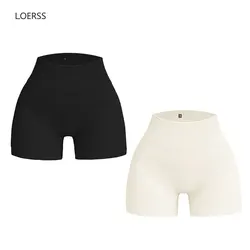 LOERSS Women's 2 Piece Yoga Shorts Seamless Ribbed High Waist Cross Over Athletic Leggings Workout Cycling Fitness Sports Shorts