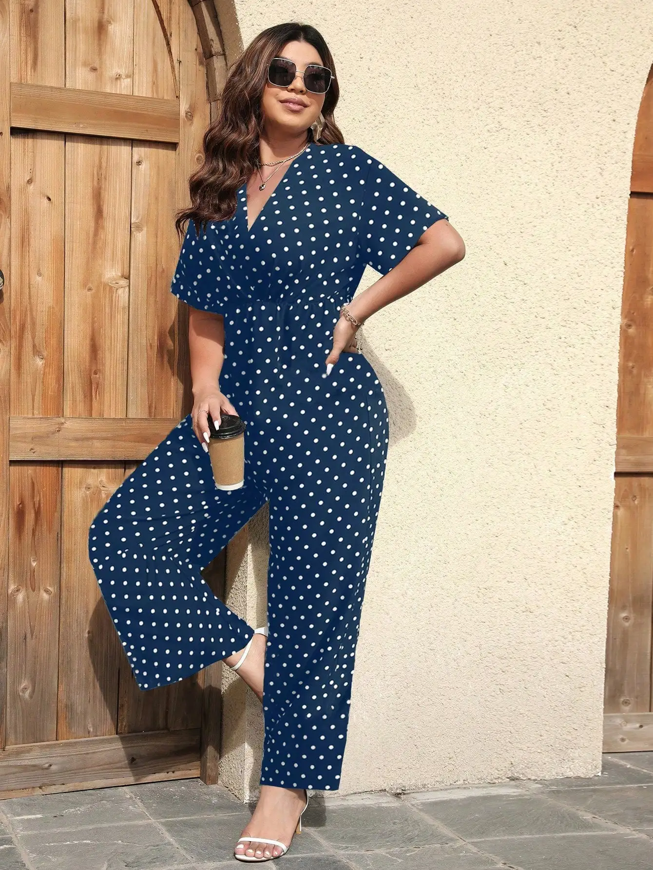 

Women's Plus Size Polka Dot Jumpsuit, Casual V-Neck Short Sleeve Wide Leg Romper,Elastic Waist Navy Blue Palazzo Pants For Ladi