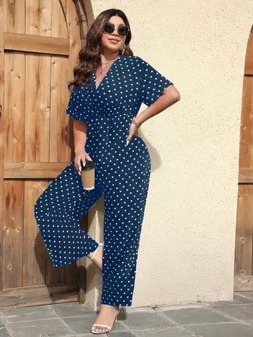 Women's Plus Size Polka Dot Jumpsuit, Casual V-Neck Short Sleeve Wide Leg Romper,Elastic Waist Navy Blue Palazzo Pants For Ladi