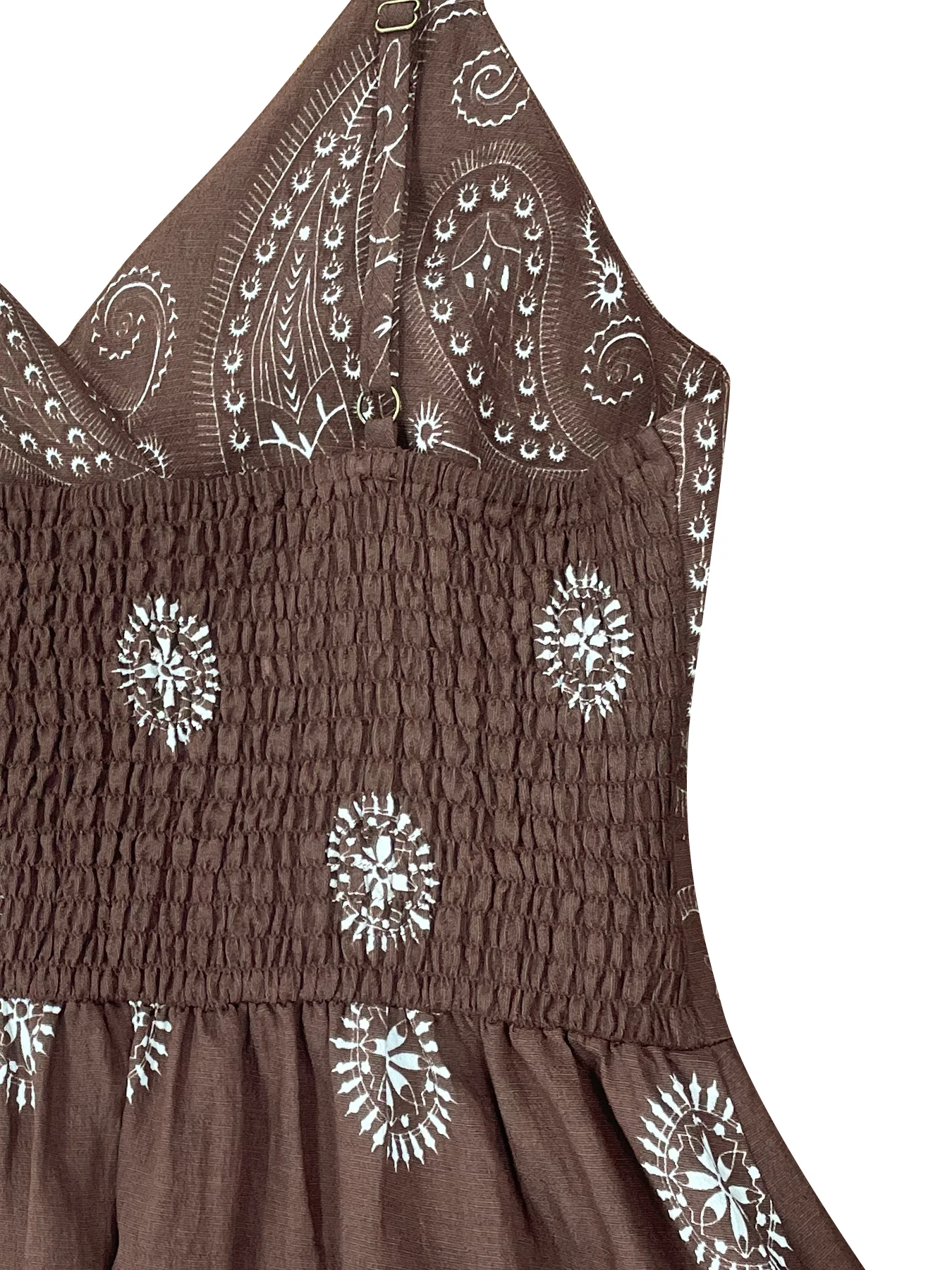 Damen Boho Paisley-Print Wickelkleid mit Spaghettiträgern, V-Ausschnitt und Stufenrüschen am Saum – Maxikleid für Sommer, Strand und Urlaub – Detail 5