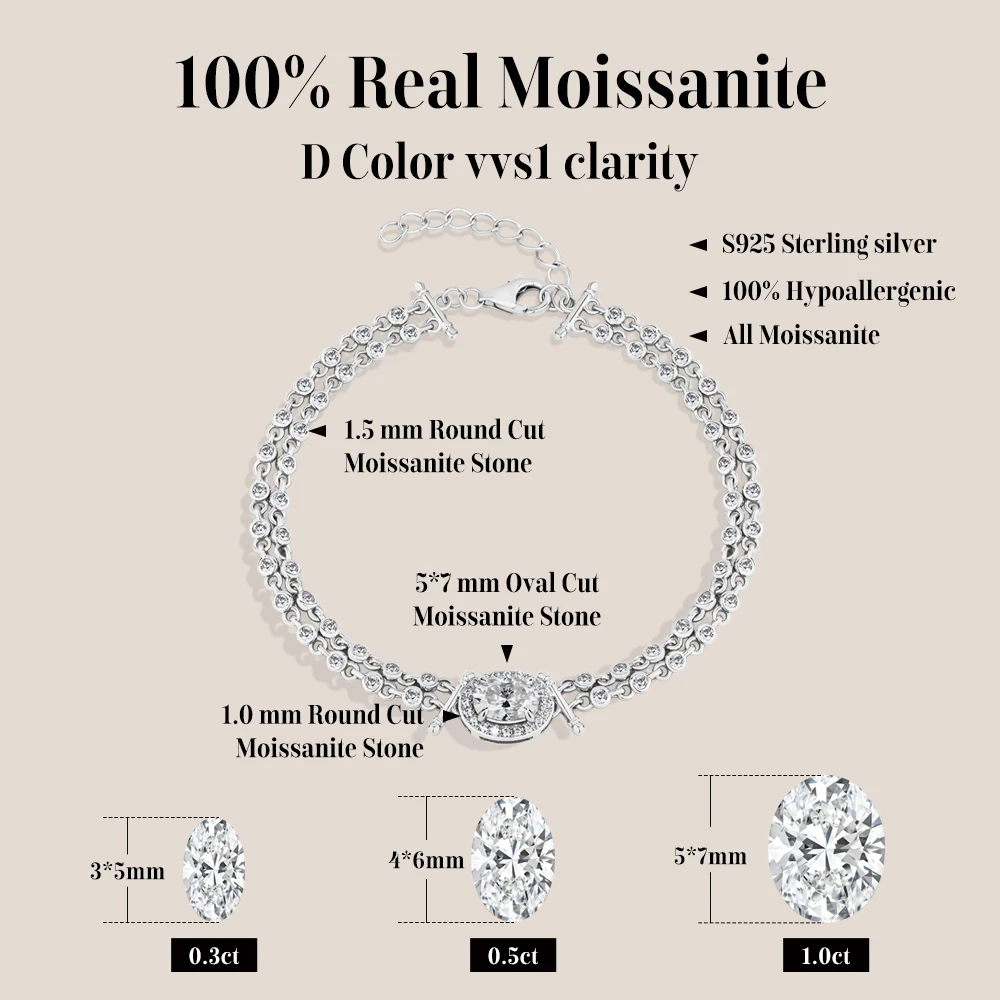 ATTAGEMS Oval Cut 1ct Moissanite Women’s Bracelets 925 Sterling Silver Adjustable Bracelet Top Quality Engagement Party Jewelry