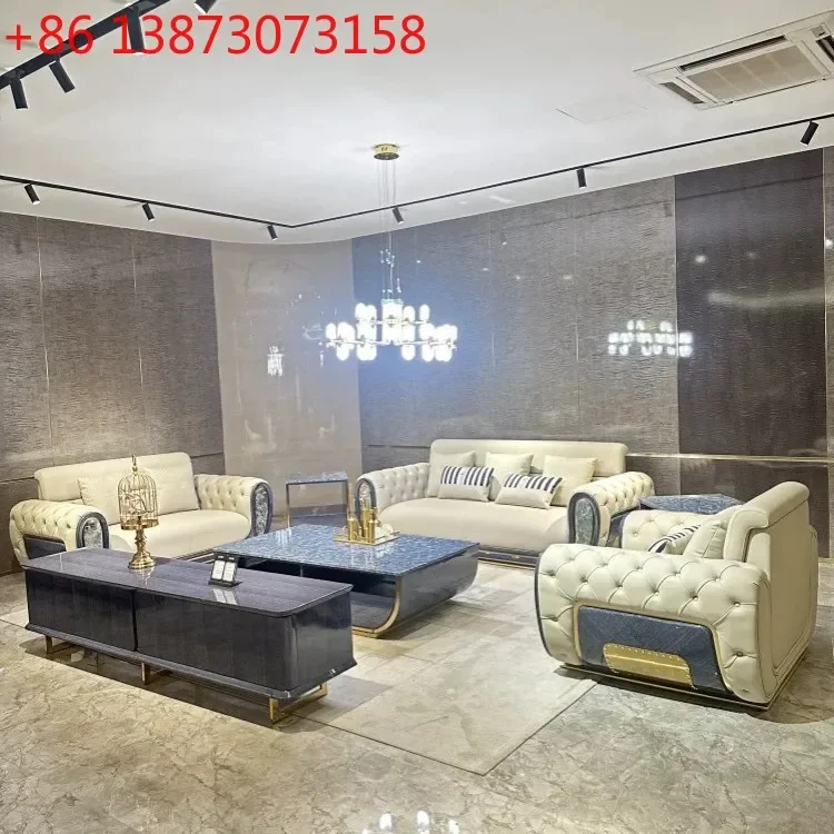 Italian light luxury living room, first floor cowhide sofa villa, large flat floor, high backrest, high-end designer solid wood