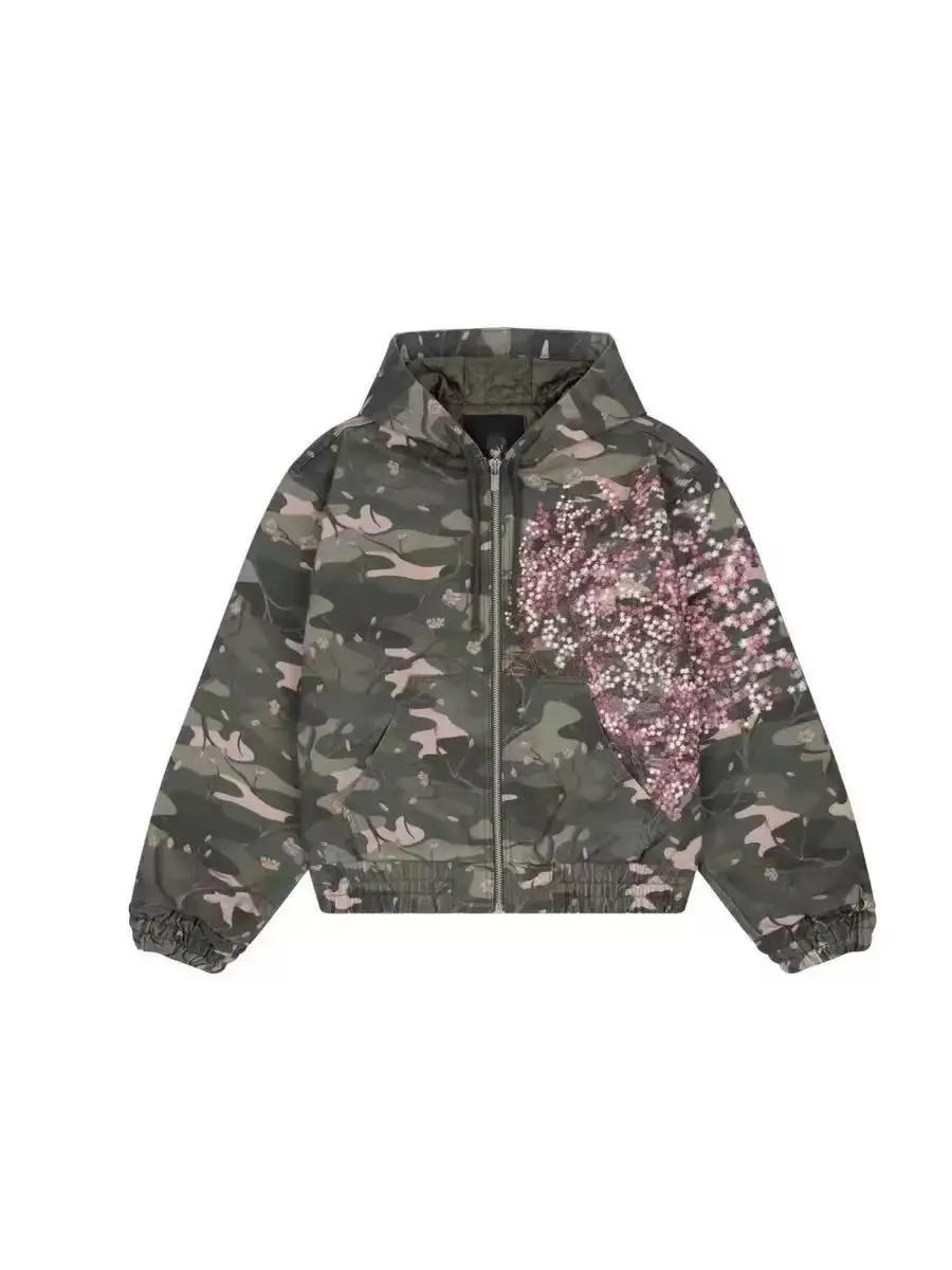 Y2K camouflage embroidered cardigan zipper sweatshirt retro American cherry blossom fashion trend brand top
