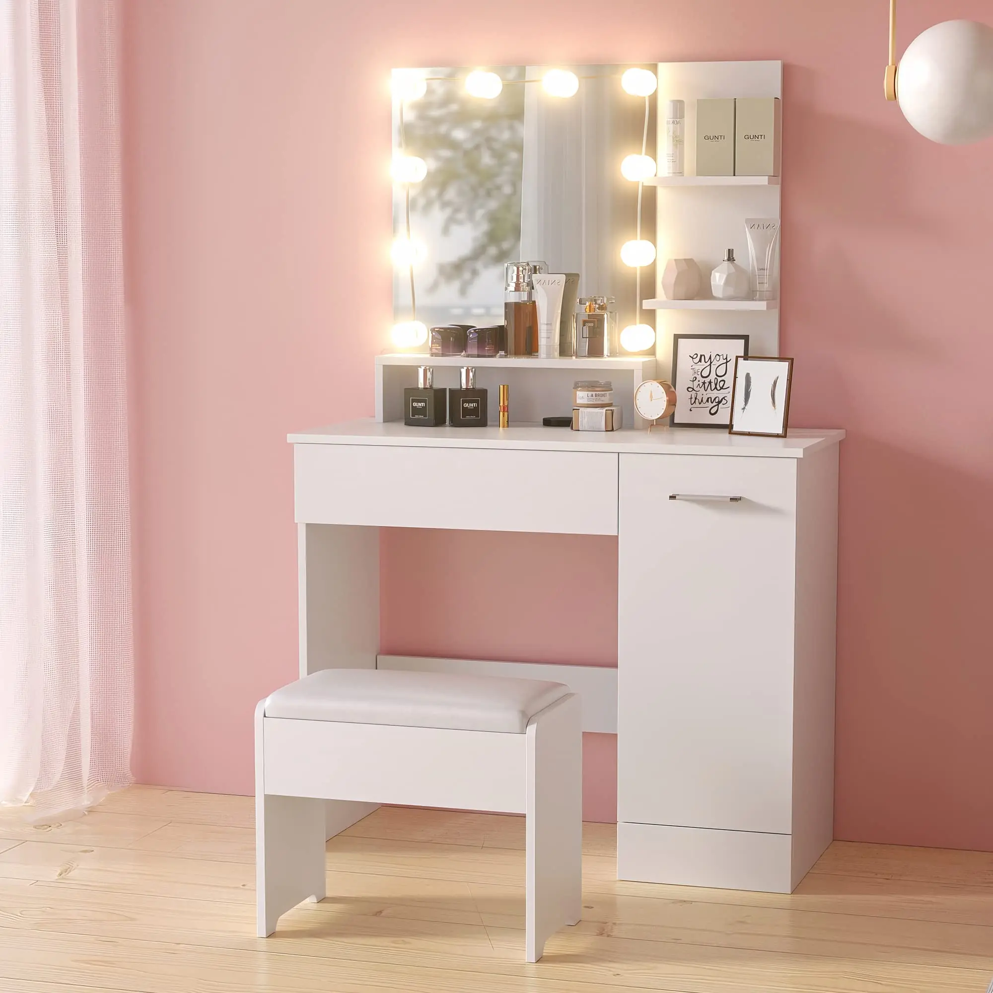 Vanity Table with DIY Lighted Mirror, Makeup Vanity Table Set with Drawer and Storage Cabinet, Dressing Table with Vanity Stool