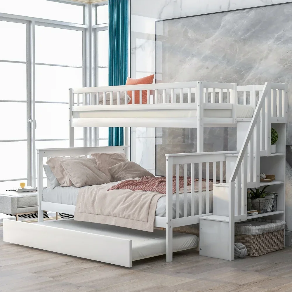 Children Beds Twin Over Full Bunk Bed with Trundle and Staircase,Gray Bunk Beds Kids Bed Boys Bunk Beds Wooden Bed Twin for Girl