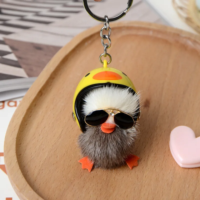 Cute Woman Keychain, A Cool Duck with Helmet and Eyes Mink Hair Little Duck Plush Bag Pendant  Car Keychain