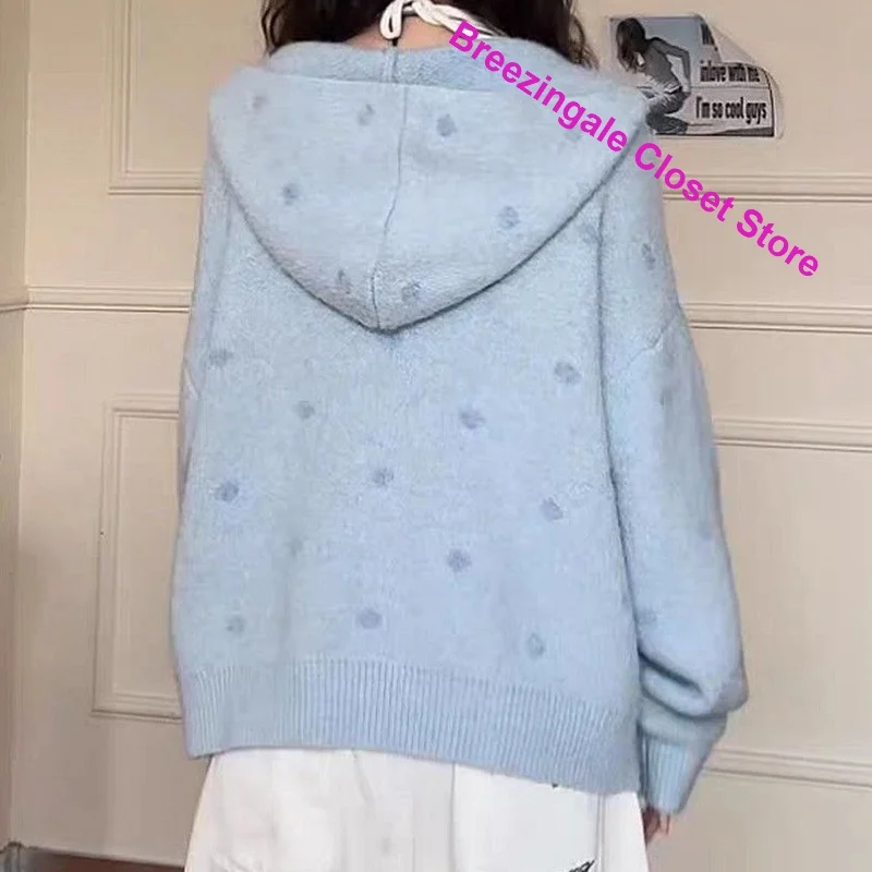 American Retro Hooded Zipper Polka-dot Contrast Sweater Women's Autumn and Winter New Loose Casual Hoodie Casual Joker Coat Top 4