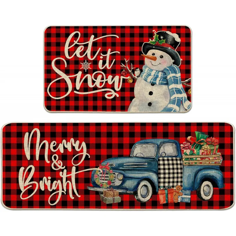 

Christmas kitchen floor mat set with two farmhouse snowmen and truck interior decoration home door mats 16inX24in 17inX47in