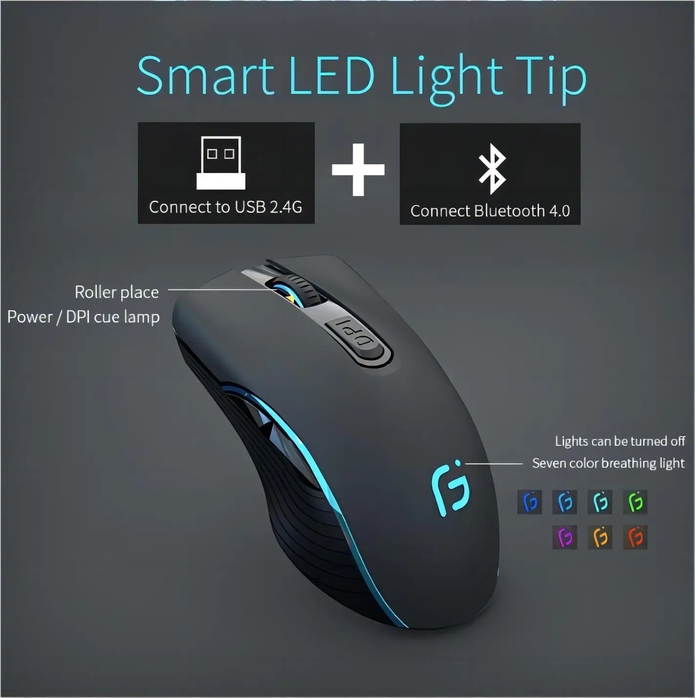 

Dual Mode 2.4G+Bluetooth Wireless Gaming Mouse OGORUS X9 Ergonomic 2400DPI Adjustable Silent 7 Colors Breath Glow for PC Laptops