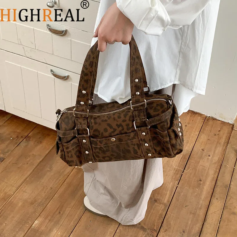 

Винтажная сумка с заклепками, модная брендовая мотоциклетная сумка высокого класса, высококачественная сумка через плечо с леопардовым принтом