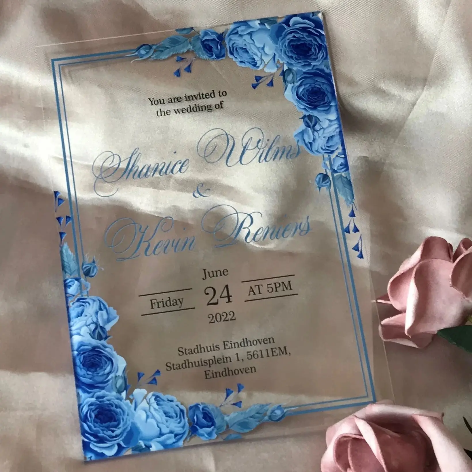 

Blue Rose Flower Transparent Acrylic Wedding Invitation,Birthday,Bar Mitzvah Prayer Card,Foldable PVC,Souvenirs Gift Decoration