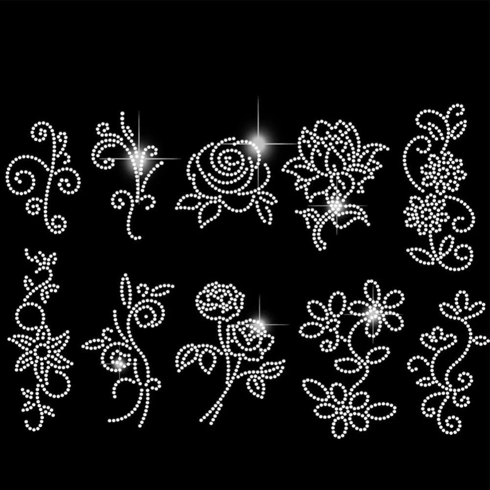 10 Stück Blumenmuster zum Aufbügeln mit Strasssteinen für Kleidung, Blumen-Wärmeübertragungsaufkleber zum Aufbügeln, Strass-Aufnäher für Damen