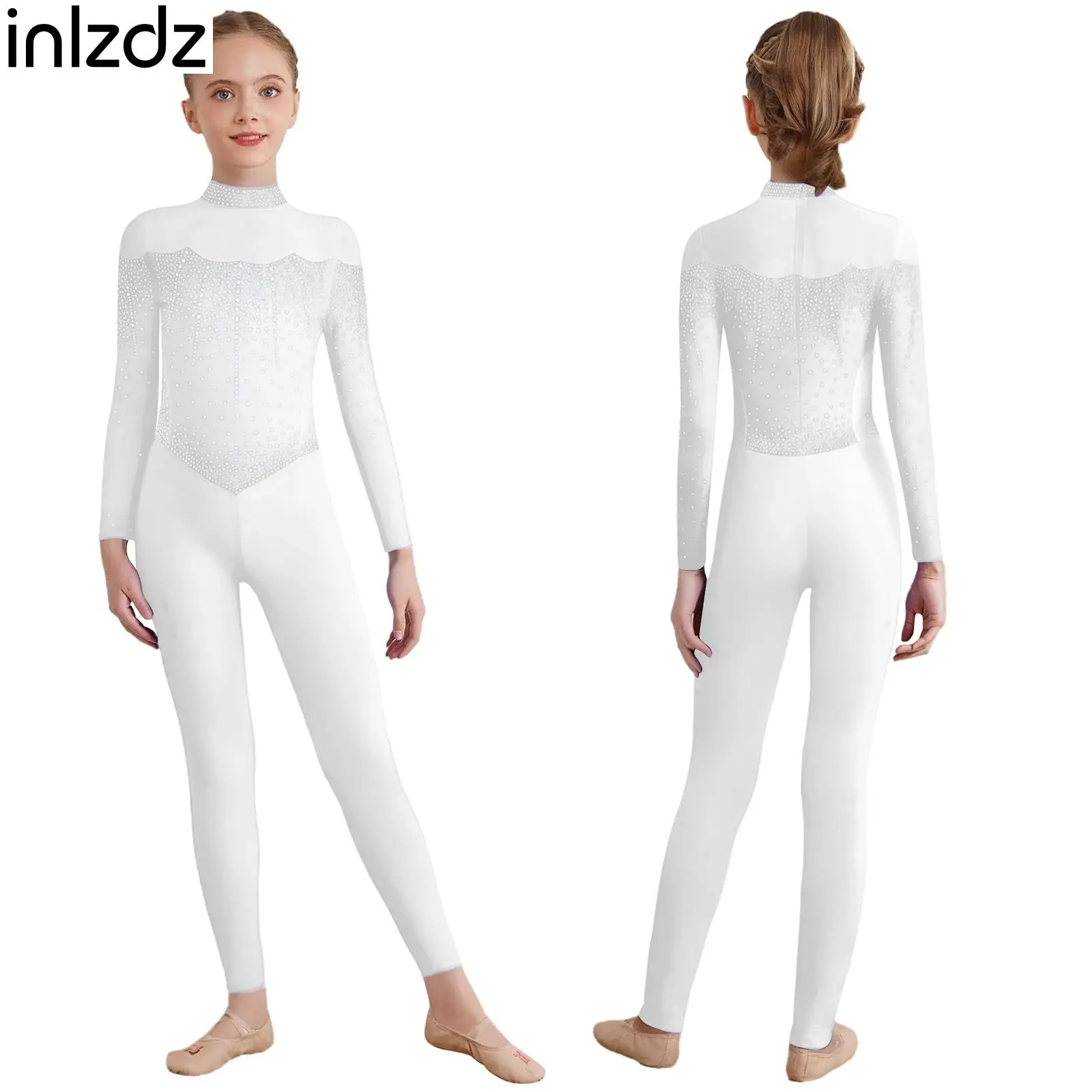 

Kids Teen Girls Figure Skating Gymnastics Ballet Dance Leotard Jumpsuit Shiny Rhinestone Mesh Long Sleeve Bodysuit Dance Costume