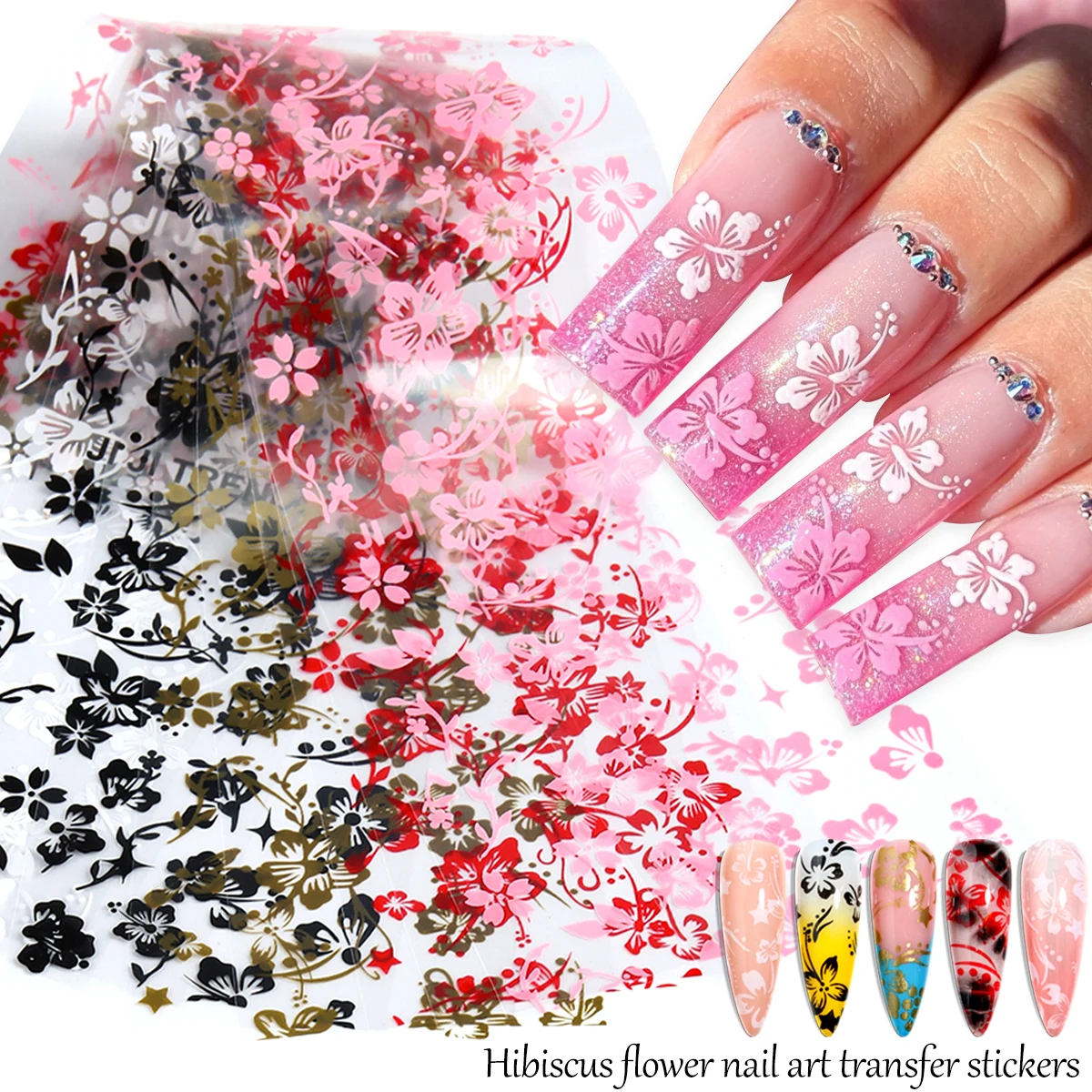 10-Piece Set of Hibiscus Starry Sky Nail Foils – Pink & White Hibiscus Nail Decals; Red, Black, and Gold Nail Transfer Stickers