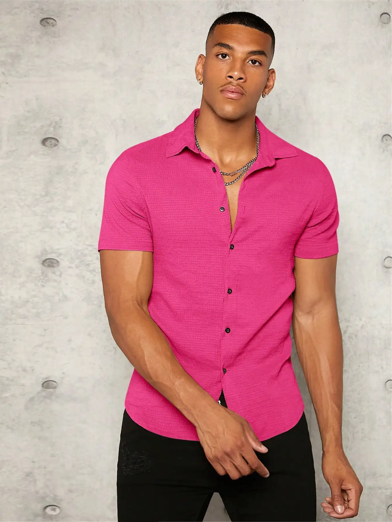 

Men's Bright Pink Short Sleeve Casual Button-Down Shirt for Summer