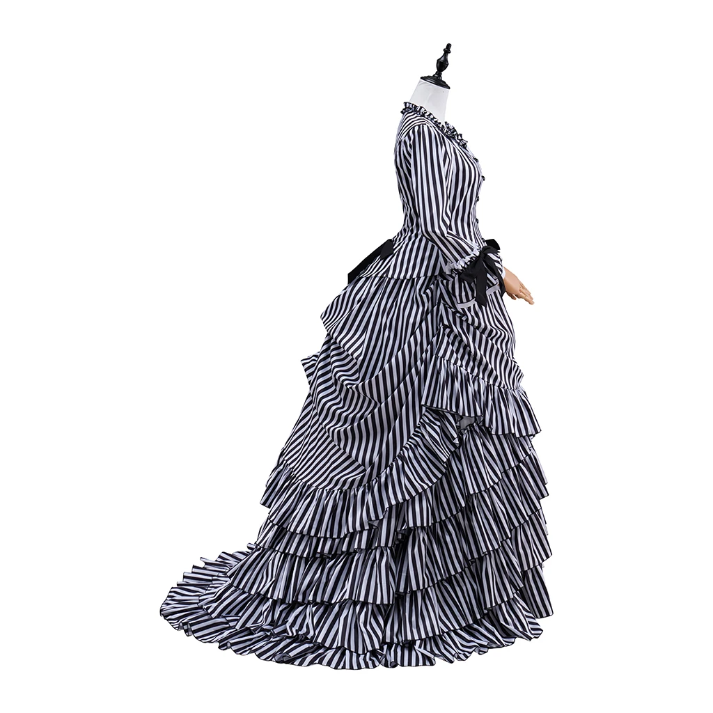 Vintage Victorian Cosplay Costume Black White Striped Bustle Dress Medieval Gothic Renaissance Ball Gown Halloween Party Outfits