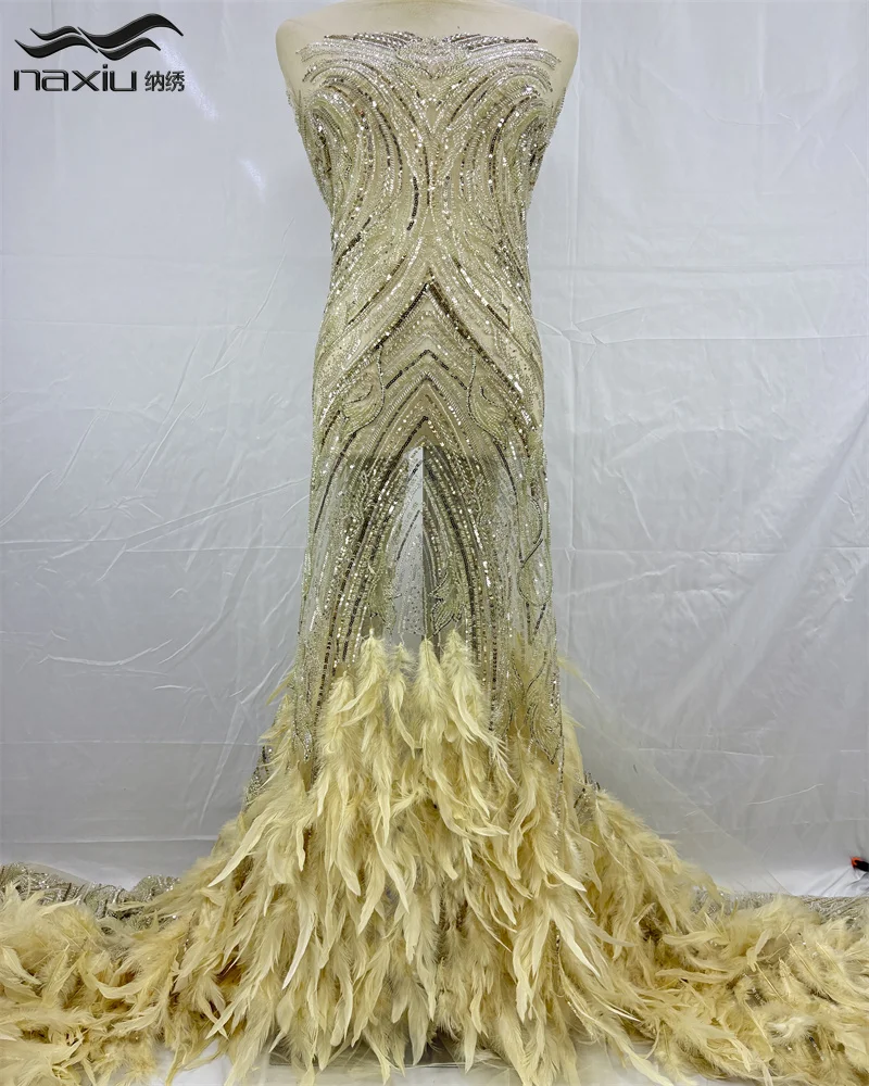 

Madison Luxury 3D Feather Lace Fabric French Beaded Sequin Lace Fabric 2026 High-end Nigerian Bridal Wedding Dress Sewing