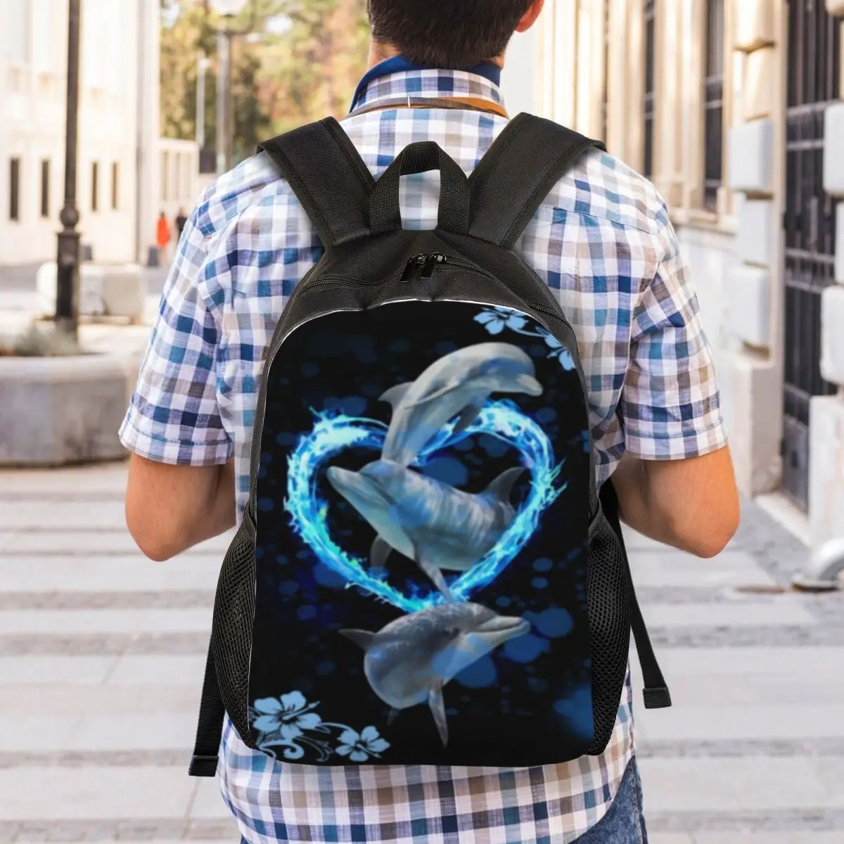 Blue Dolphins Laptop Backpack Women Men Fashion Bookbag for School College Student Ocean Blue Sea Animal Water Whale Bag